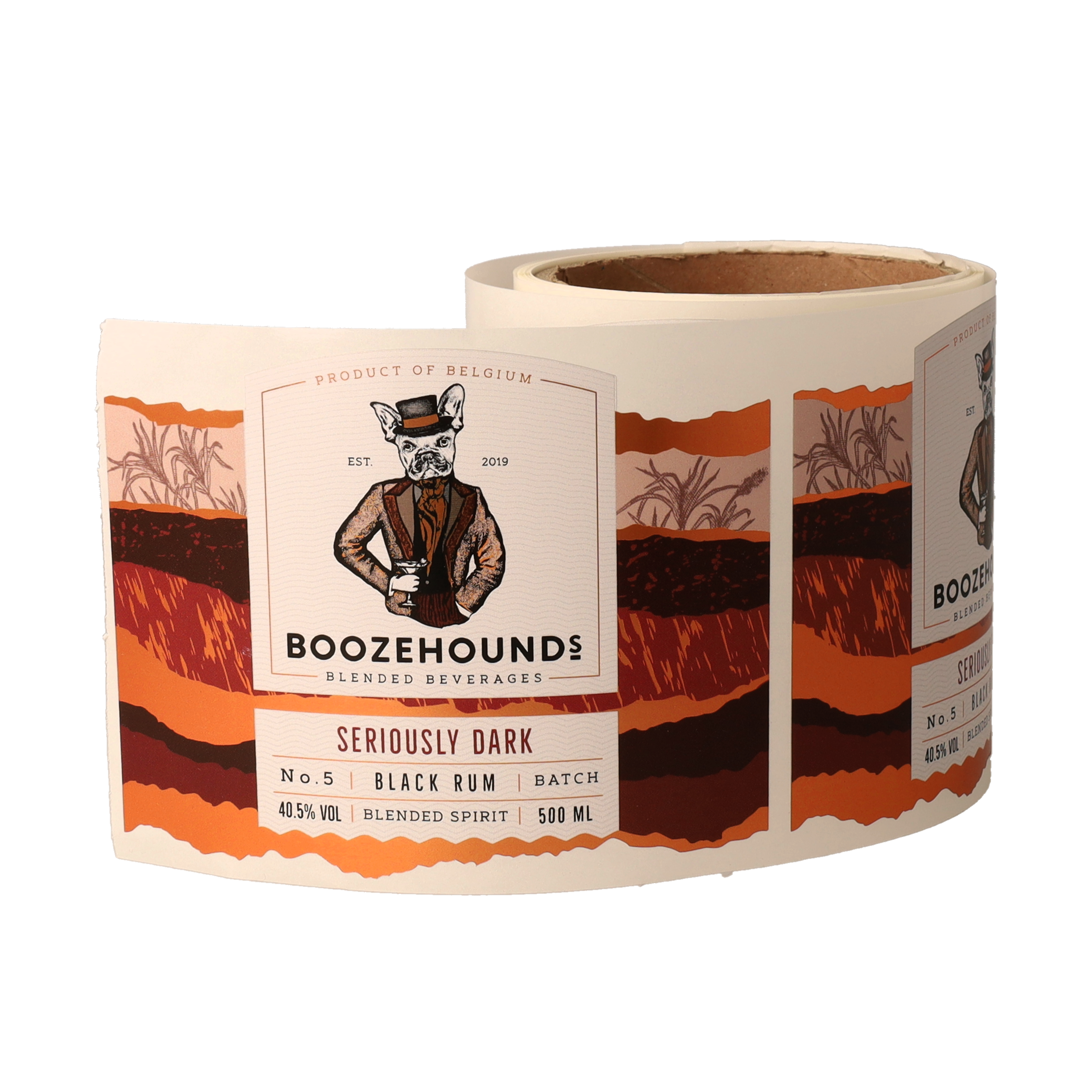 Boozehound label featuring a dog logo, 'Boozehounds' text, and bottle information.