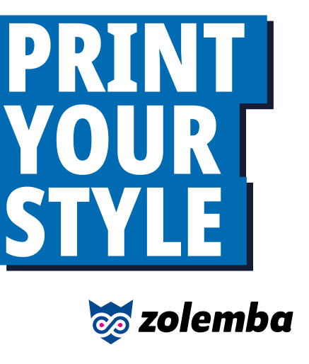 Zolemba-logo op een witte achtergrond met een blauwe bovenkant met de tekst ‘Print Your Style’.