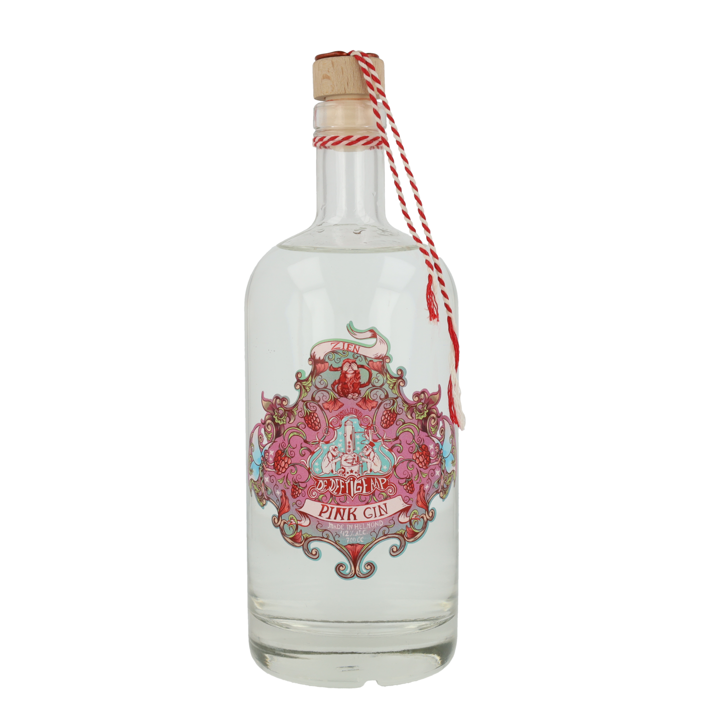 Duidelijke fles met roze etiket 'Pink Gin'