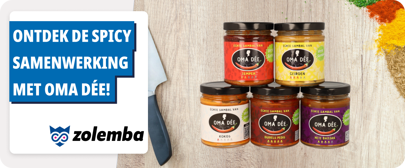 Five jars of Oma Dée production, three on a surface and two stacked, with text on a blue background to the left and the Zolemba logo