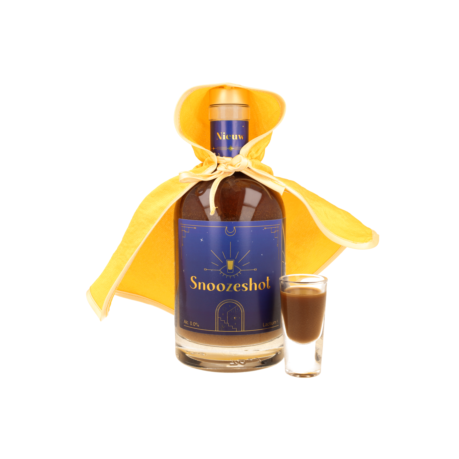 A clear bottle of Snoozeshot with brown liquid and a blue label, accompanied by a small shot and surrounded by a yellow cloak.