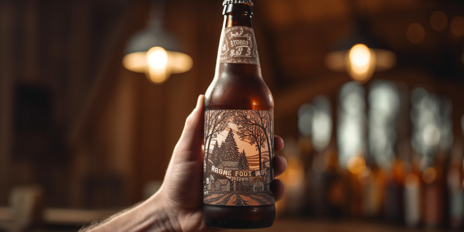 Una sola mano sostiene una botella de cerveza frente a un fondo de restaurante de madera desgastada.