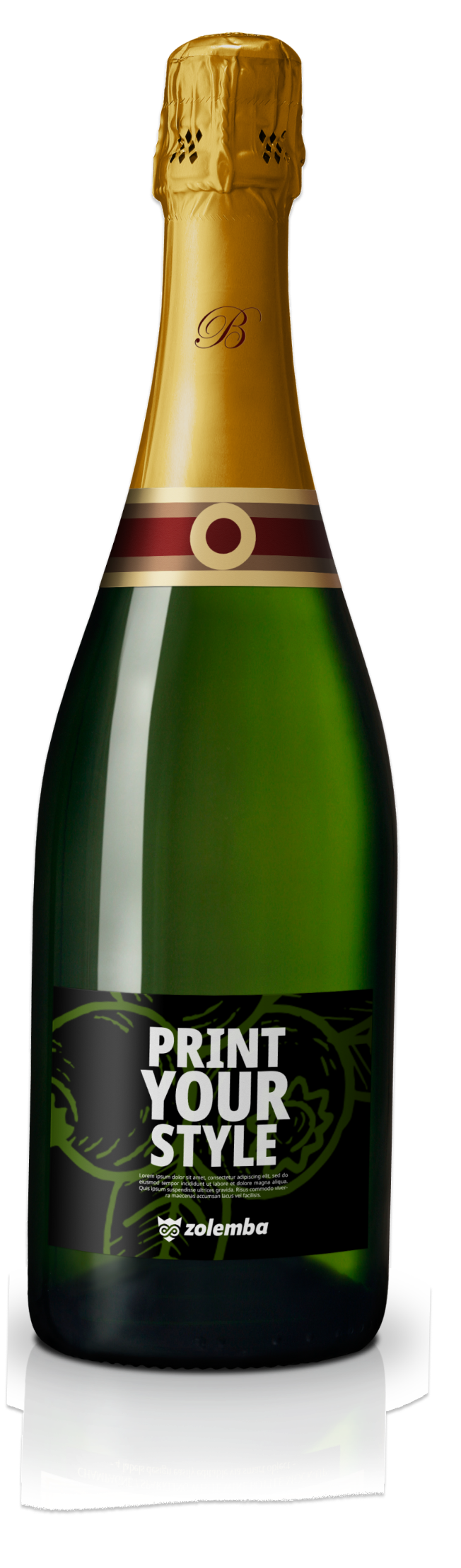 Botella de champán verde con una etiqueta 'Print Your Style' y el logo de Zolemba.