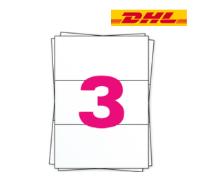 Étiquette DHL sur des feuilles autocollants A4, 3 par feuille, blanche, permanente, 98,5 mm x 210 mm