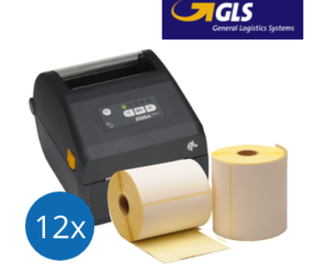 GLS paquete de inicio: Impresora Zebra ZD421D + 12 rollos de etiquetas compatibles Zebra 102mm x 150mm