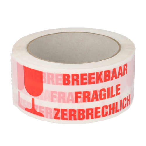 Verpakkingstape, breekbaar tape, wit/rood, permanent