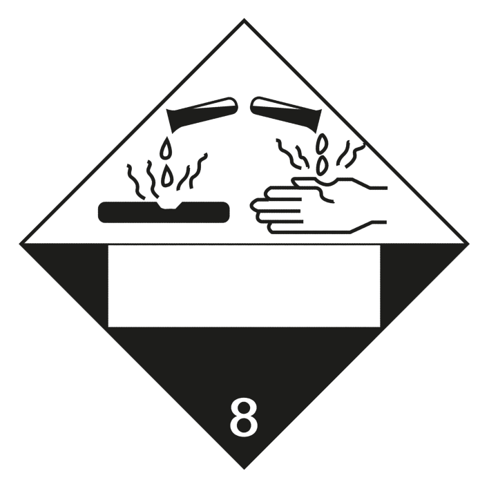 IMO 8 Corrosive with UN-part label, 100mm x 100mm, 1.000 labels, core 76mm