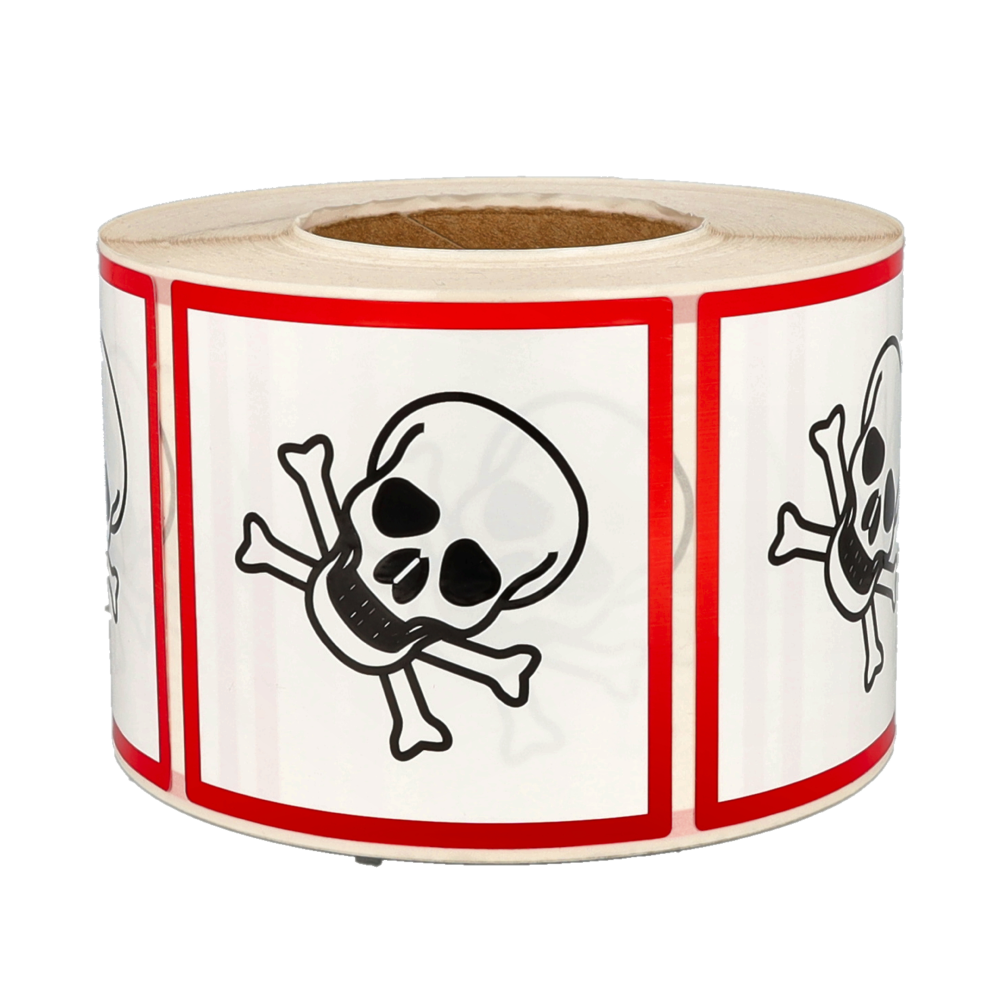 GHS Toxic Labels, 100mm x 100mm, 1000 labels, core 76mm, permanent adhesive