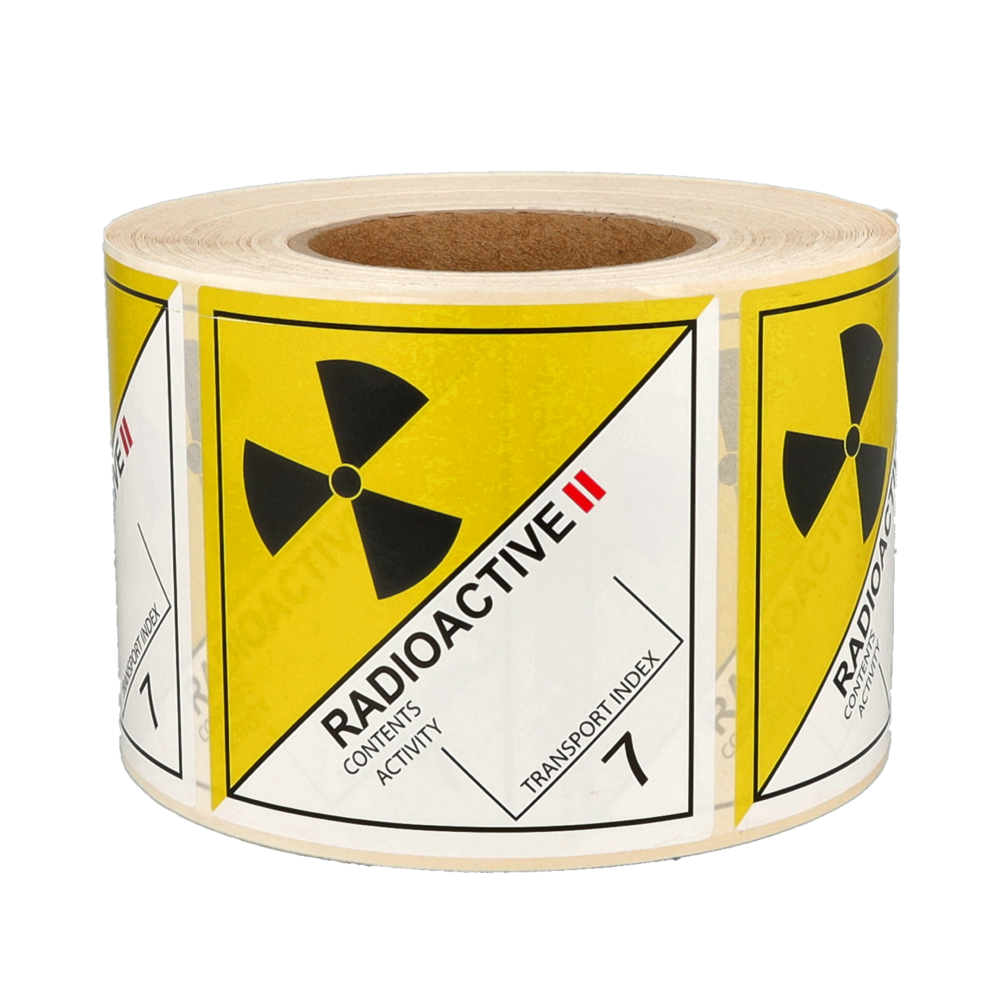 IATA 7.2 radioactive II label, 100mm x 100mm, 1.000 labels, core 76mm